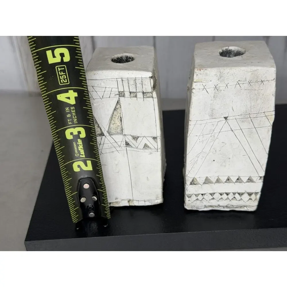 Vintage Abstract Art Carved Candle Holders Set Of 2 Column Artist Made White